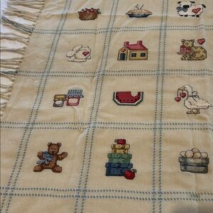 OOAK “1991” Hand-Embroidered Tablecloth Throw Wall Hang 1980-90s motifs Fringed